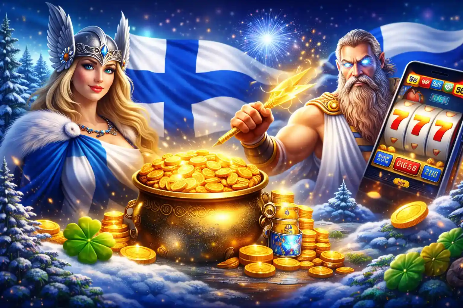Suomalainen jumalatar ja jumala kultapadan äärellä kasinotunnelmassa