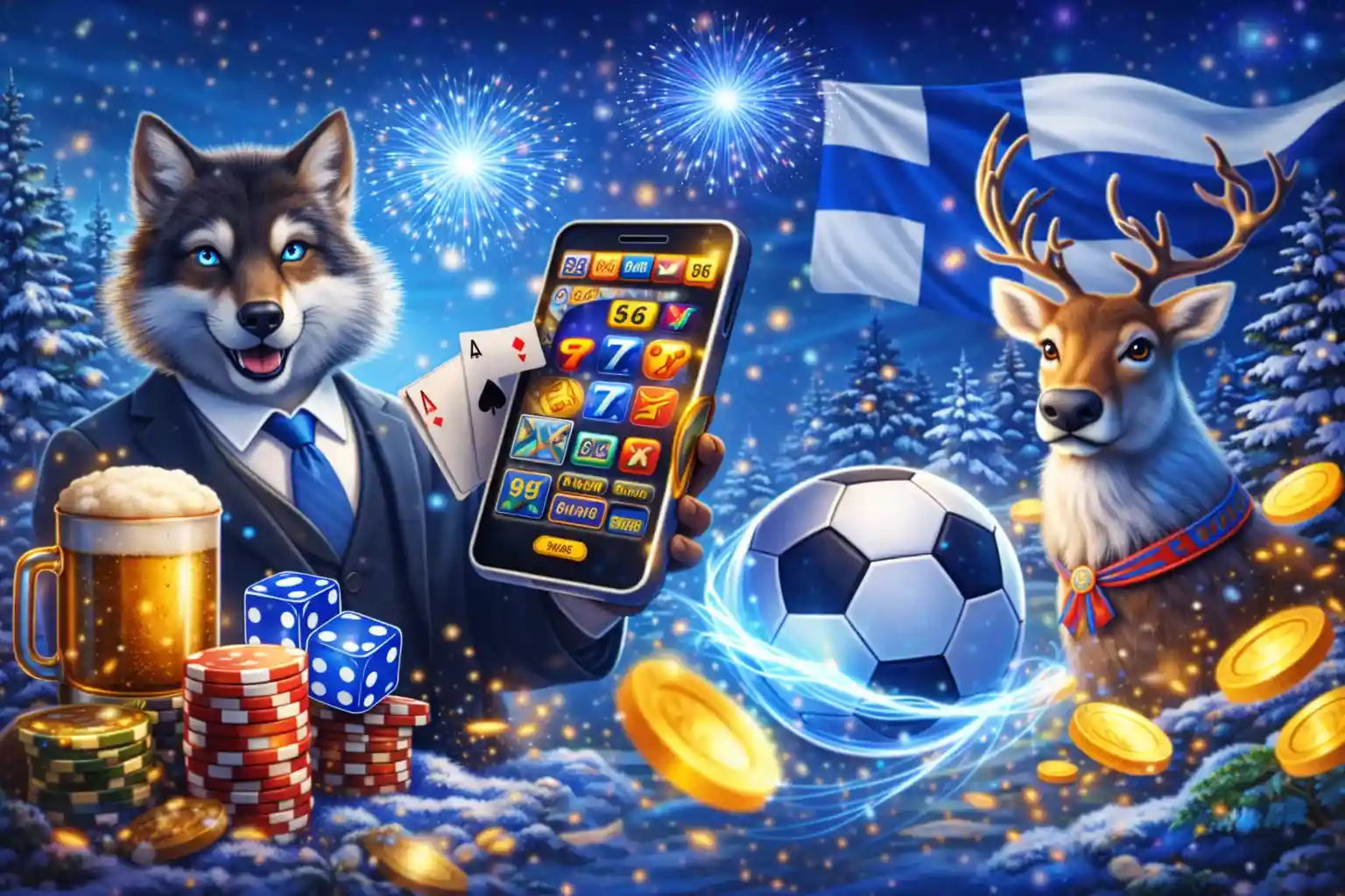 Susi puku päällä esittelee mobiilikasinopeliä ilotulitusten alla